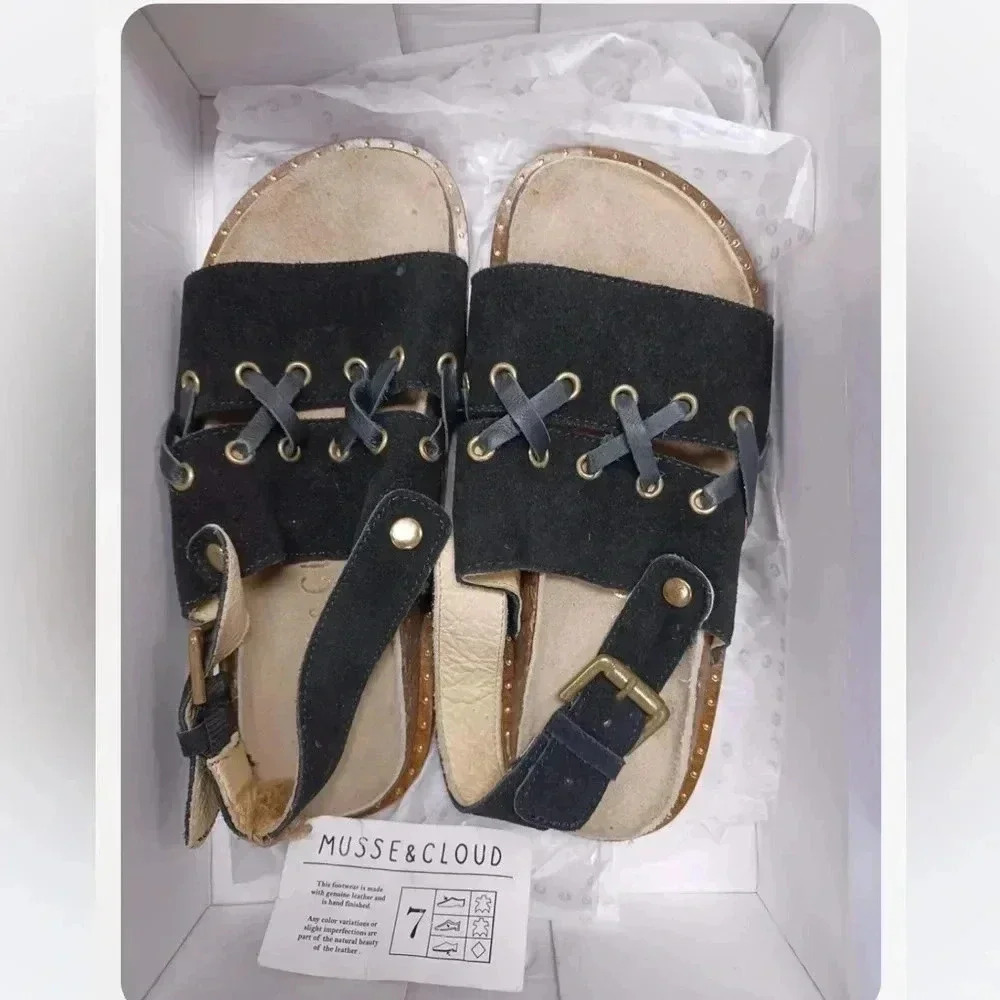 Anthropologie  Musse & Cloud Black Suede Sling Back Sandals Size 7